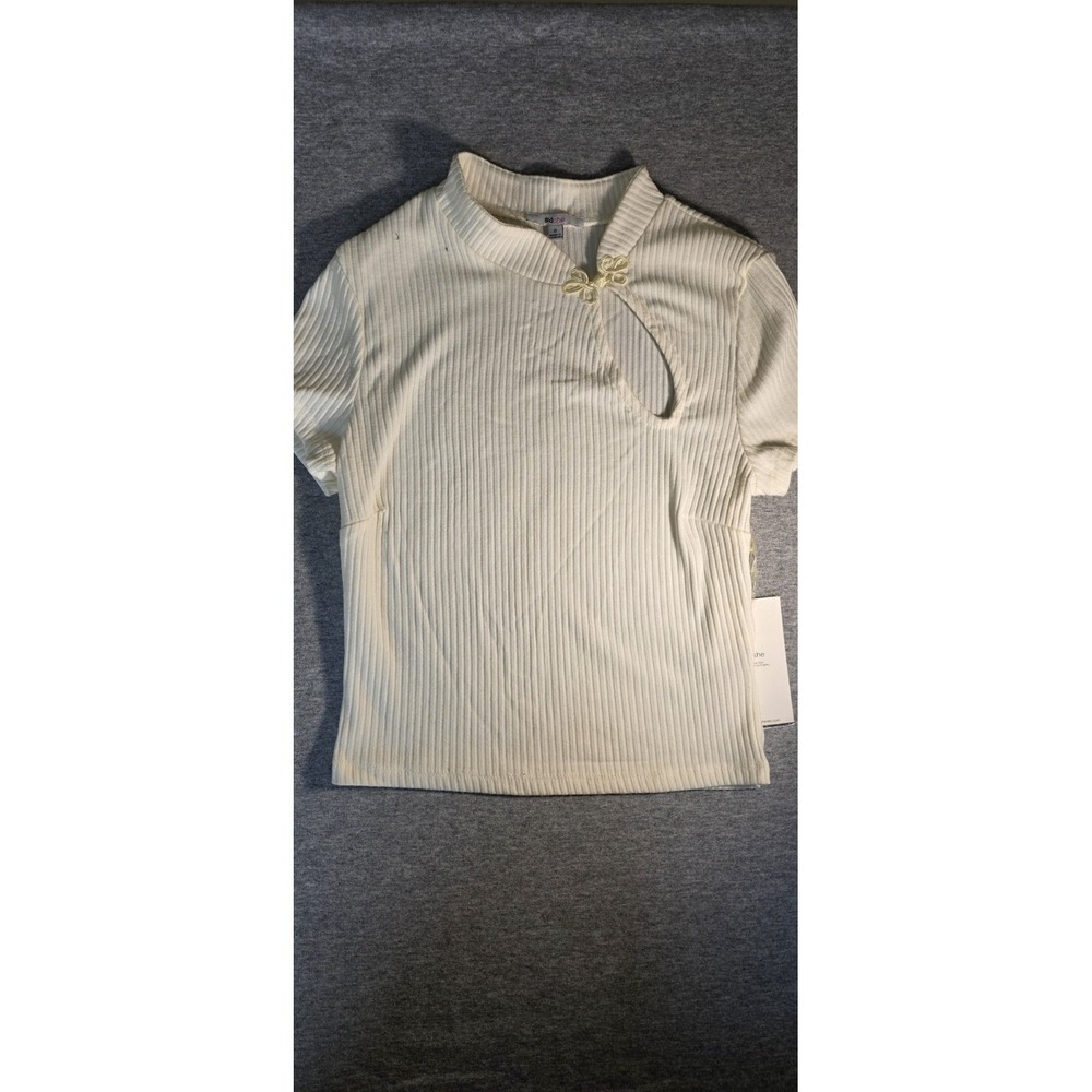 Blashe Ribbed Short Sleeve Keyhole Top Cream Off White Frog Closure Mock Neck S
